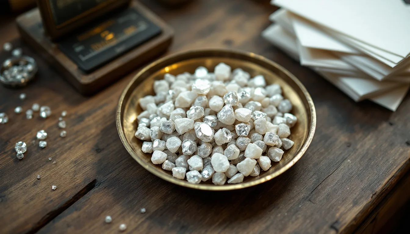 Rough uncut diamonds of varied sizes in a shallow brass dish on a worn wooden sorting table, a small precision scale and folded white paper diamond parcels nearby