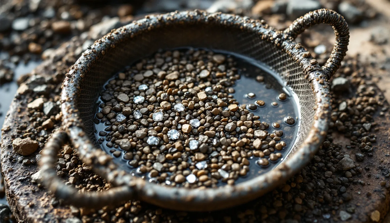 A round artisanal mining sieve filled with wet river gravel, a few rough diamonds visible among the stones, warm earthy tones, documentary still life