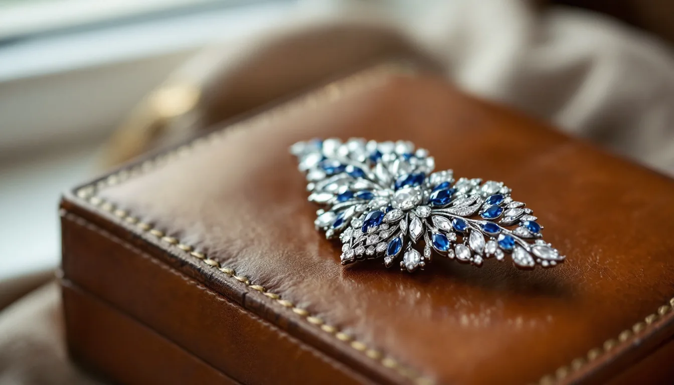 An Art Deco platinum and diamond brooch with sapphire accents displayed on an antique leather jewelry case, Parisian apartment window light