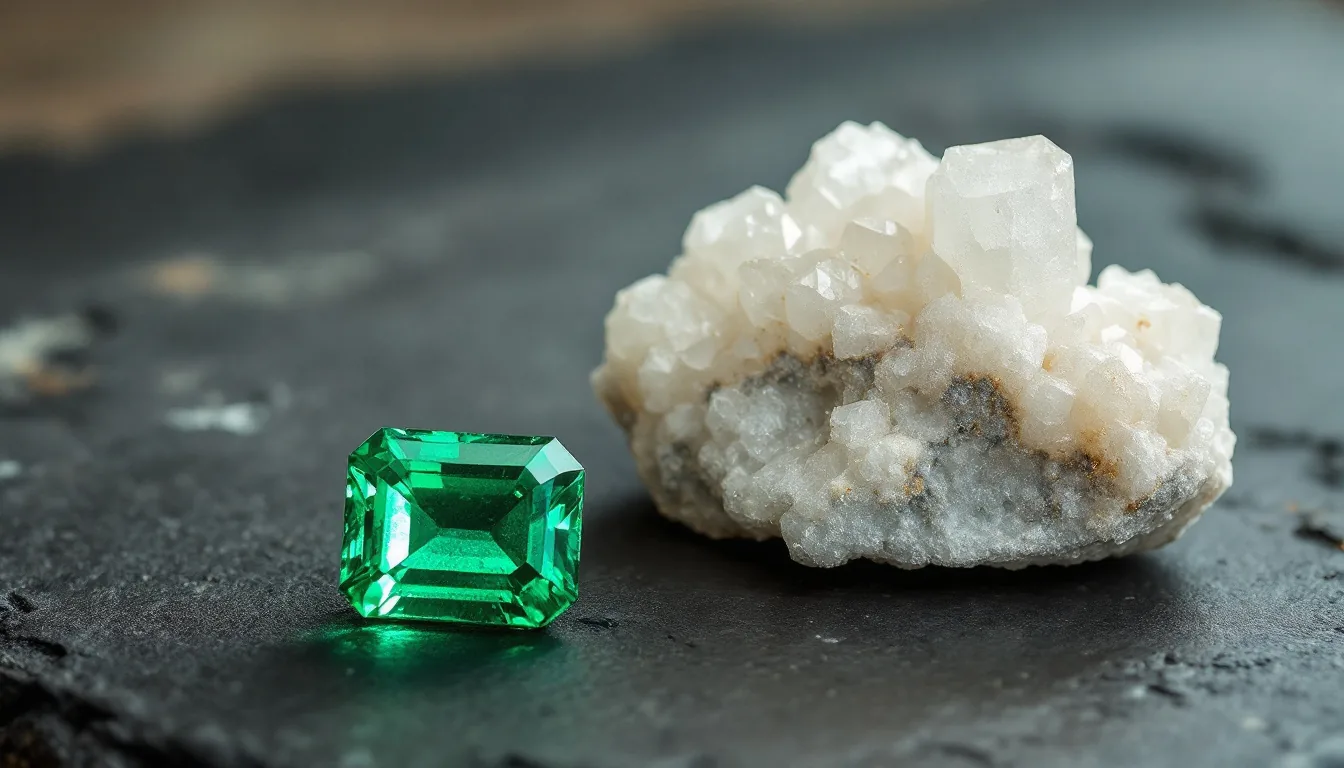 A rough hexagonal emerald crystal in white calcite matrix beside a polished emerald-cut emerald, on dark slate