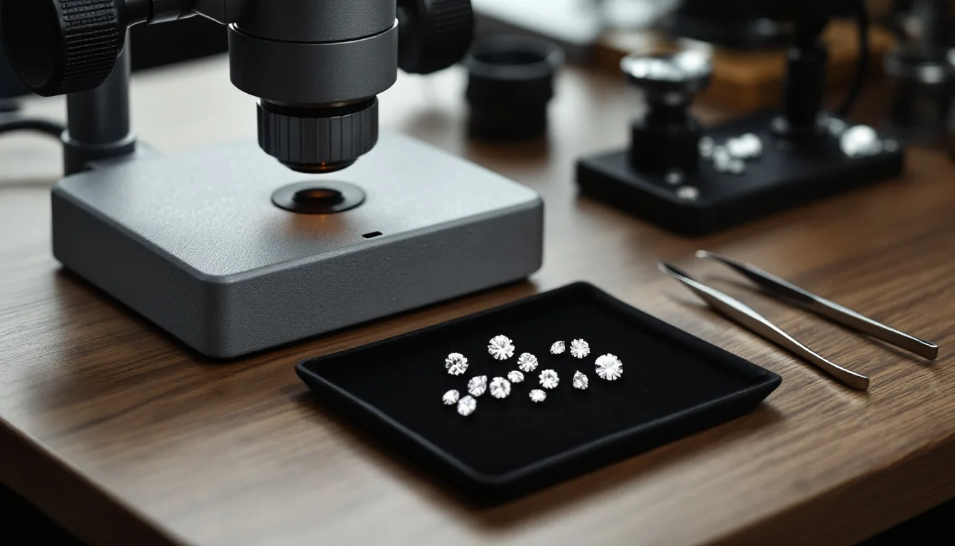 A gemologist's desk with a compact unbranded grey benchtop diamond screening instrument, several loose round brilliant diamonds on a black velvet tray, a 10x loupe and steel tweezers, diamonds in sharp focus in the foreground