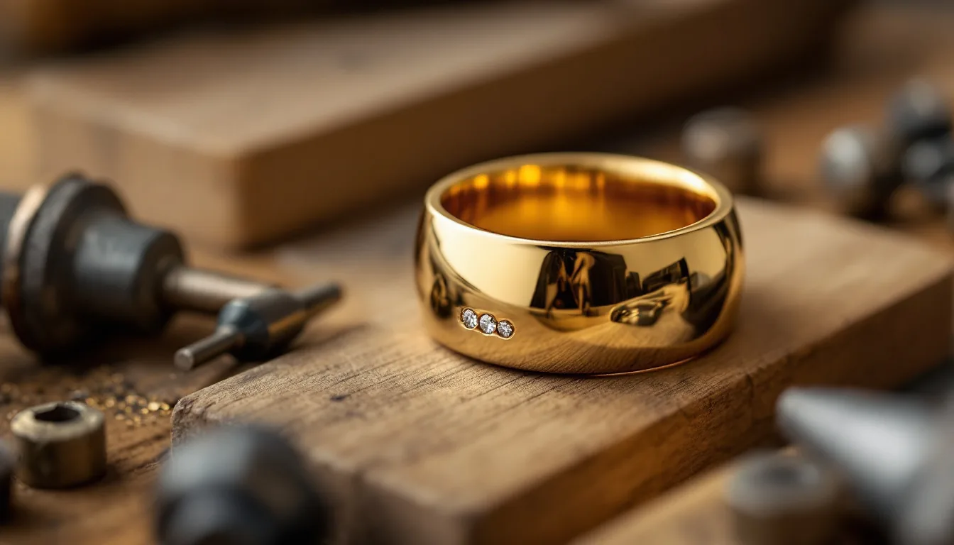A wide yellow gold band with three small flush-set diamonds resting on a wooden bench pin beside a steel burnisher and a few setting burs