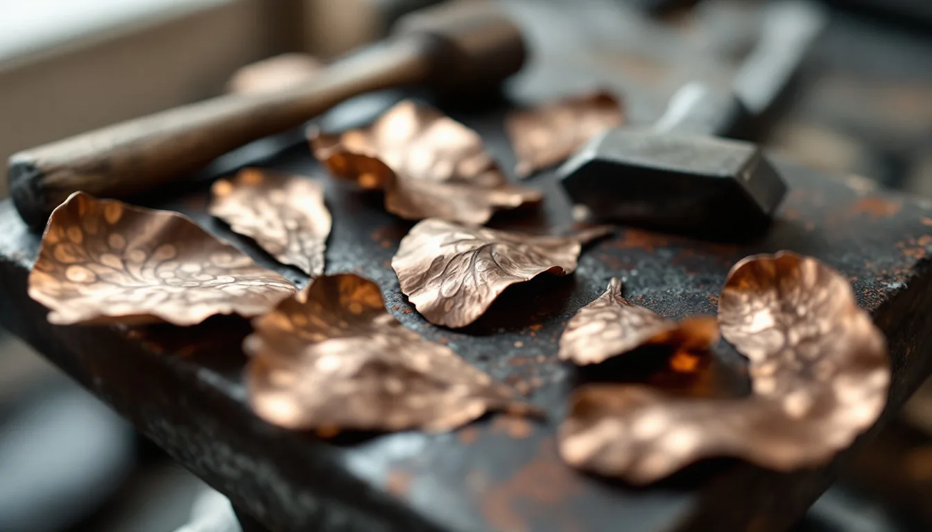 Several folded and hammered copper sheet forms with organic leaf-like shapes on a steel anvil beside a forging hammer
