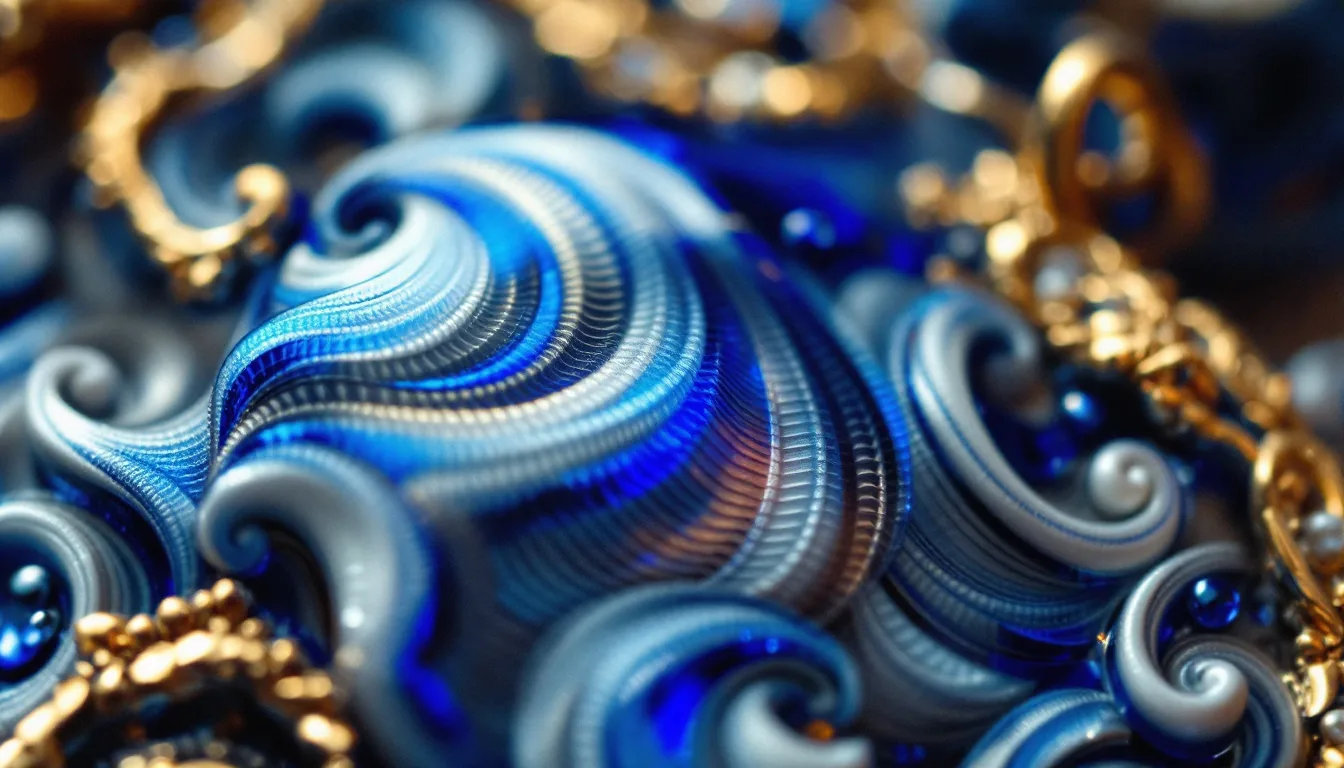 Macro of a translucent cobalt-blue guilloche enamel surface with an intricate engine-turned wave pattern on an antique pendant