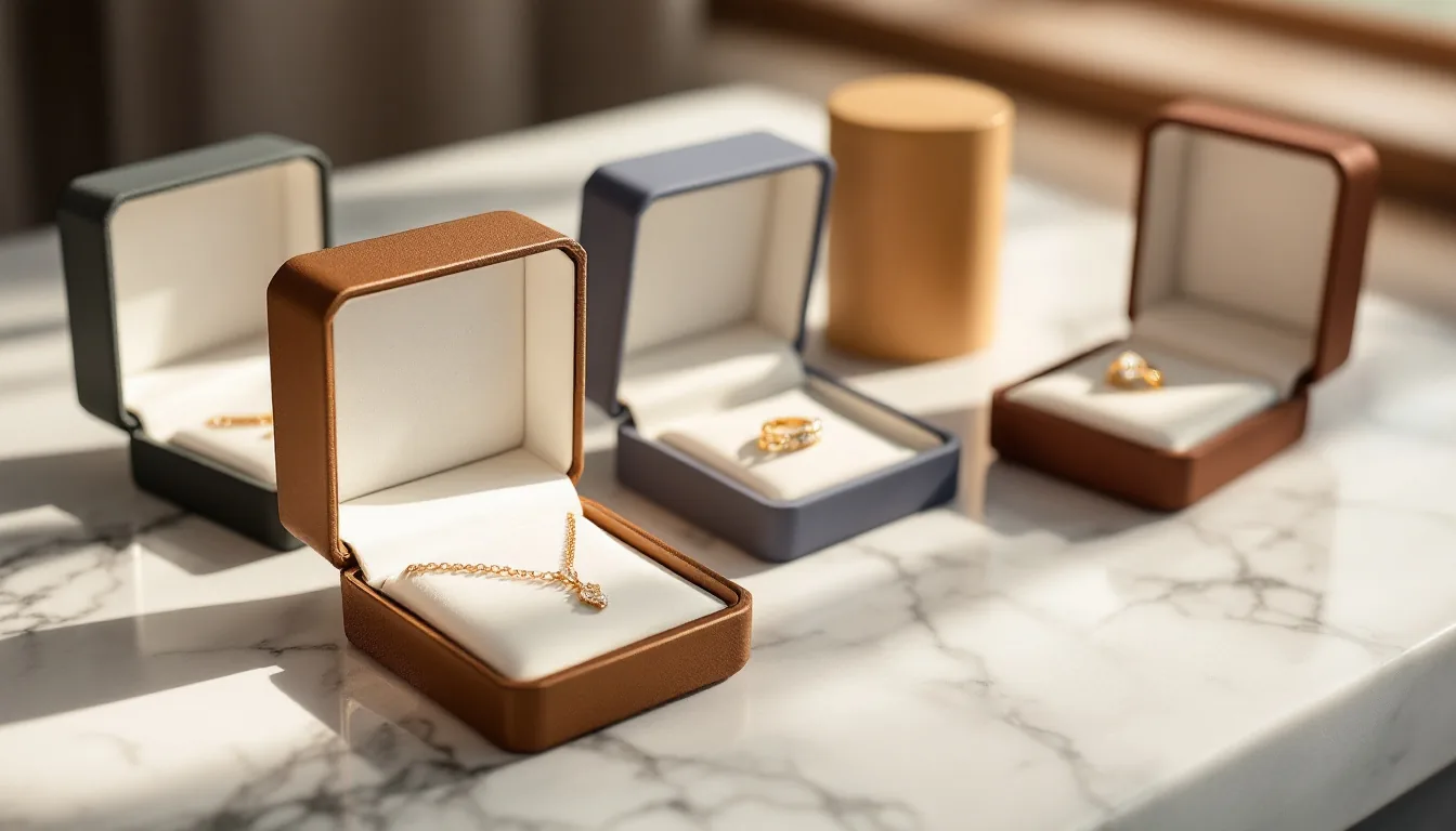 Several open luxury jewelry presentation boxes in different colors on a marble counter, showing a necklace, a bracelet and a ring, no logos