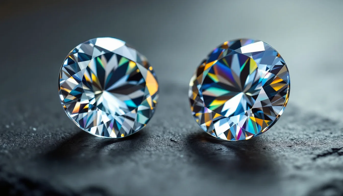 Two near-identical colorless round brilliant gemstones side by side on black slate, one throwing noticeably stronger rainbow fire, a slim pocket gem tester probe beside them