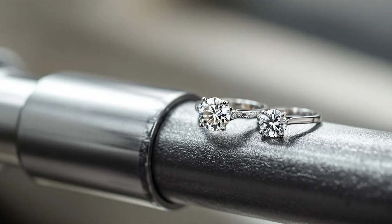 A plain platinum wedding band and a platinum solitaire engagement ring on a steel ring mandrel, cool grey tones